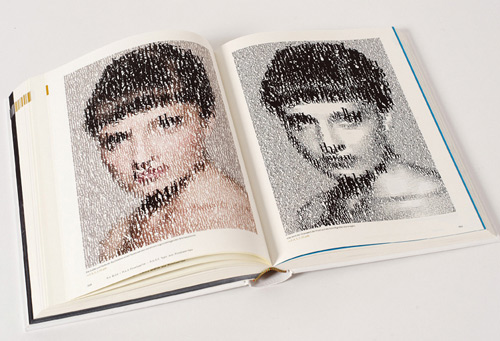 Book opened on a page with a code-generated portrait