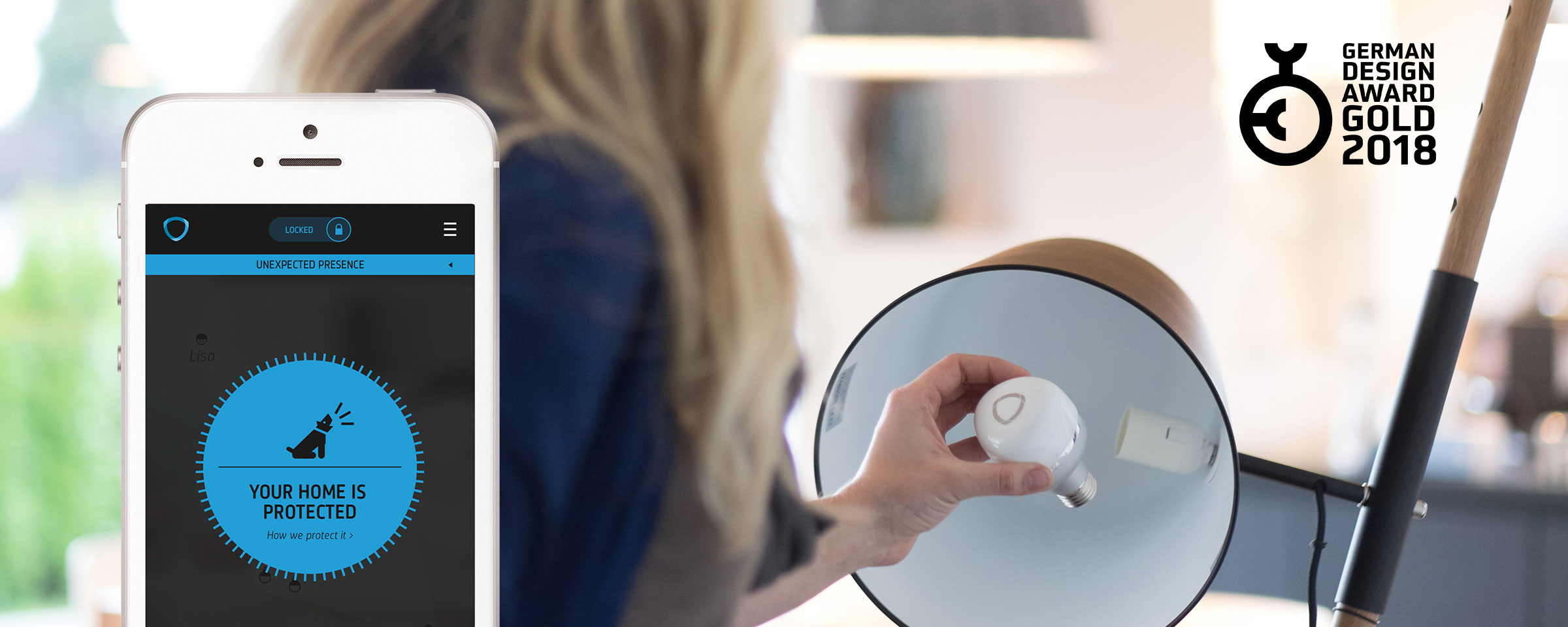 ComfyApp shows the security solution application and an intelligent light bulb mounted in a lamp socket