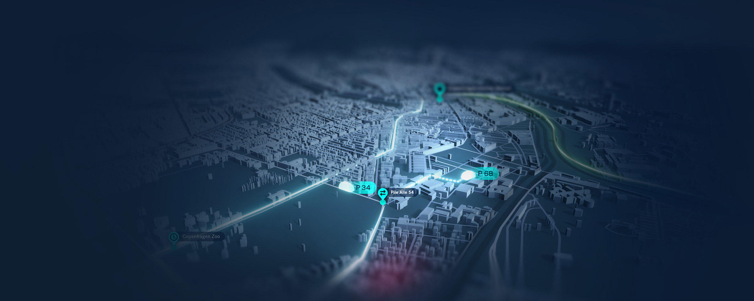 Blue 3D city map with routes and destinations