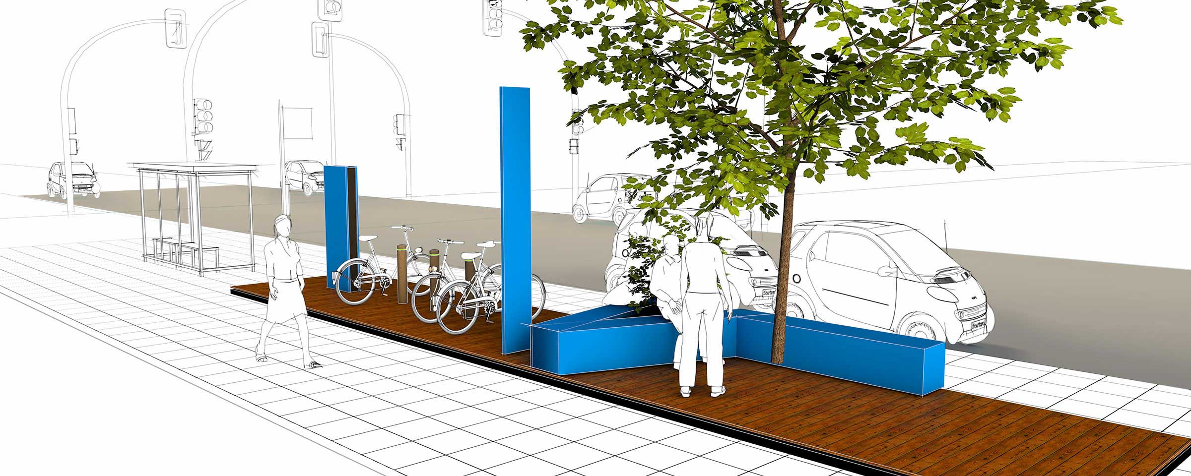 Visualization of a Parklet with bicycle parking, seating and a tree