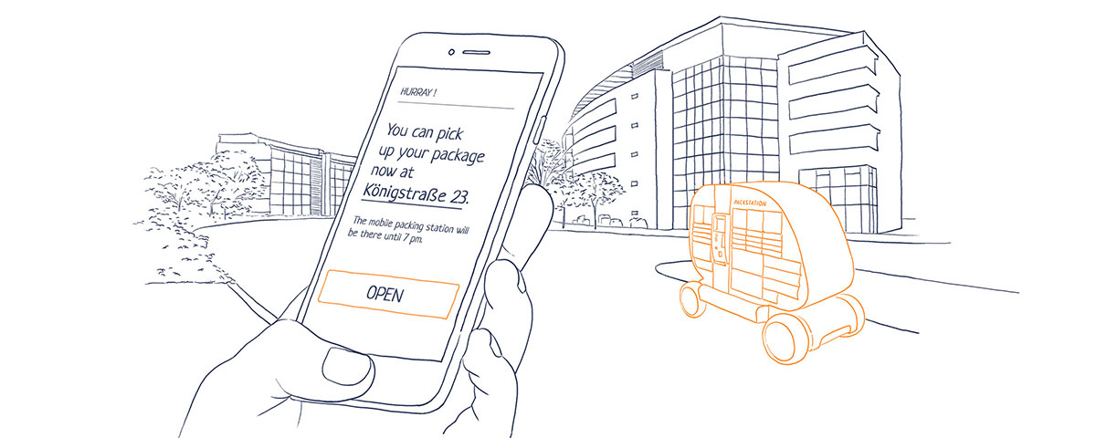 Zeichnung einer App in verbindungstehend einer mobilen Packstation