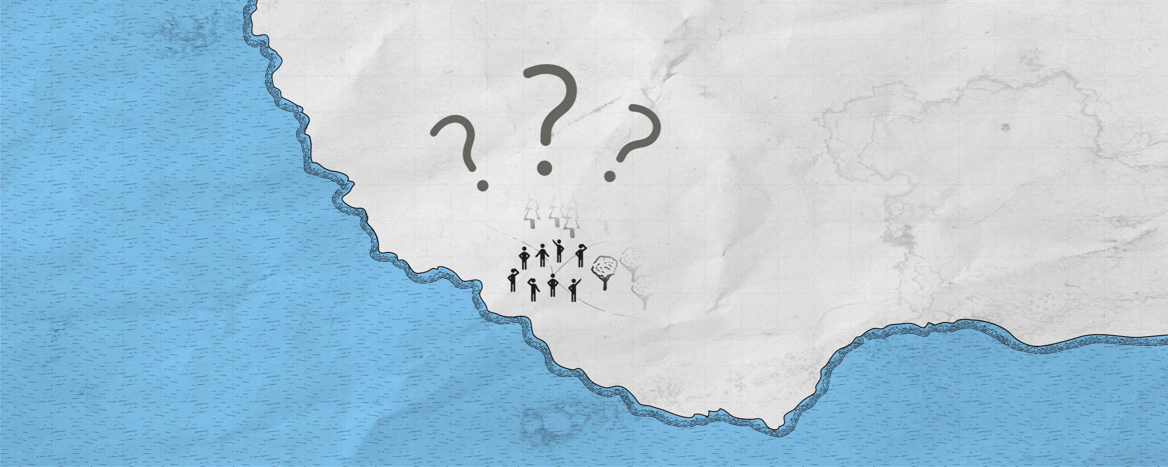 Animation: A group of people standing on the beach of an island asking questions