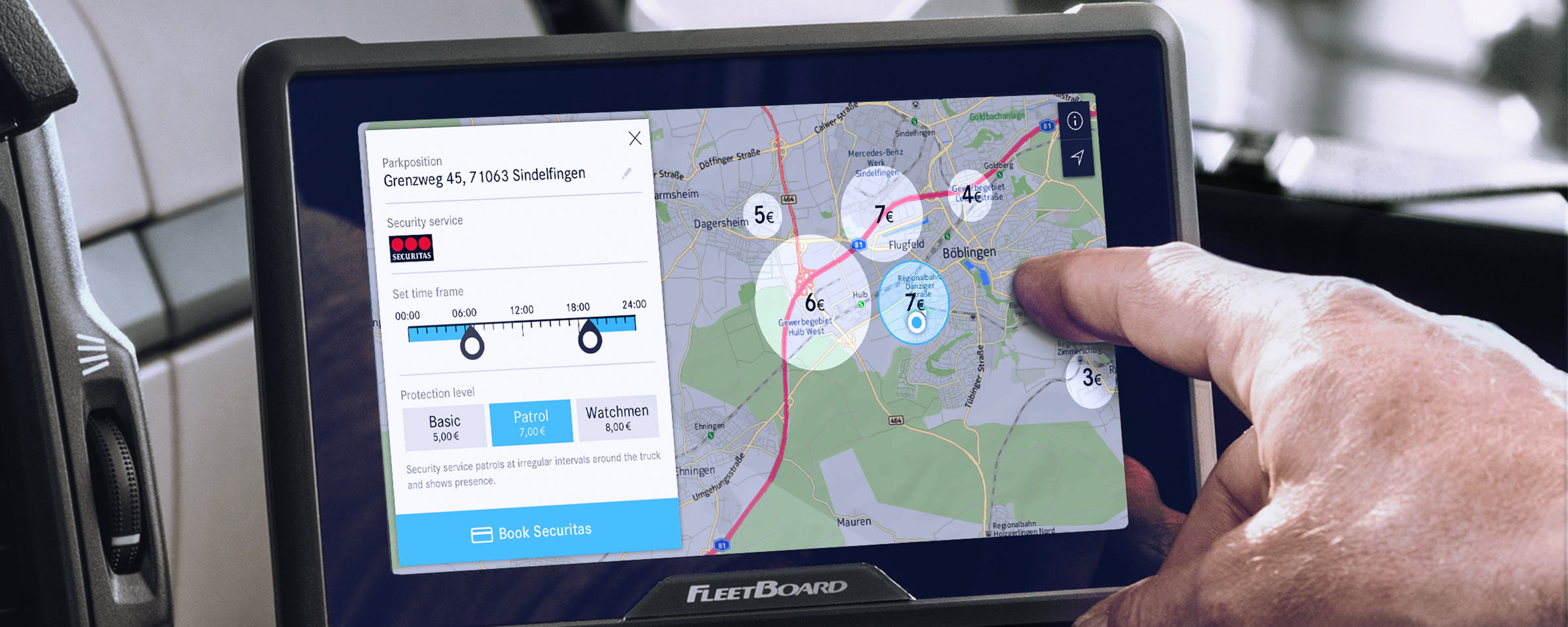 Daimler fuel theft app shows a map of an overview of the safety zones