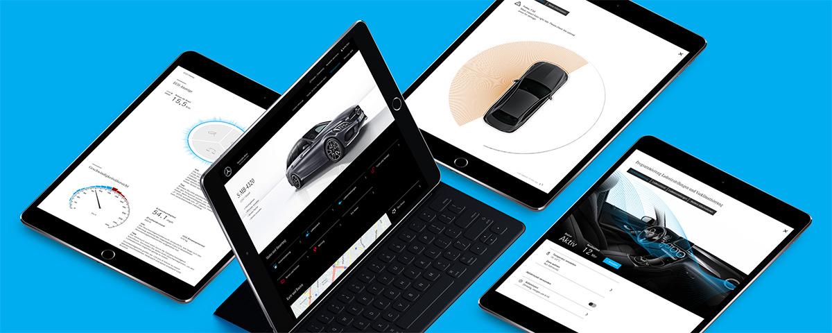 Mehrere Tablets geben einen Überblick über die Funktionen der Mercedes Me Connect App