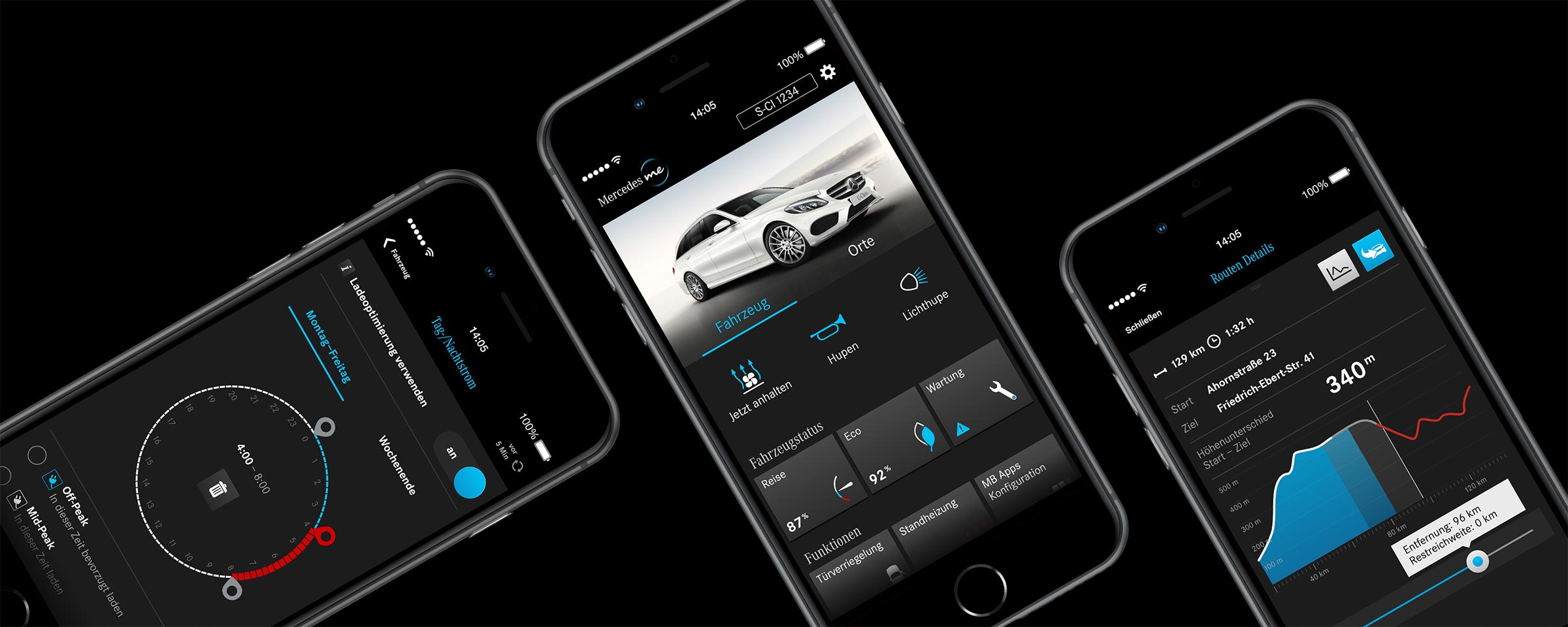 Mercedes me connect App shows day/night power overview, dashboard and route details