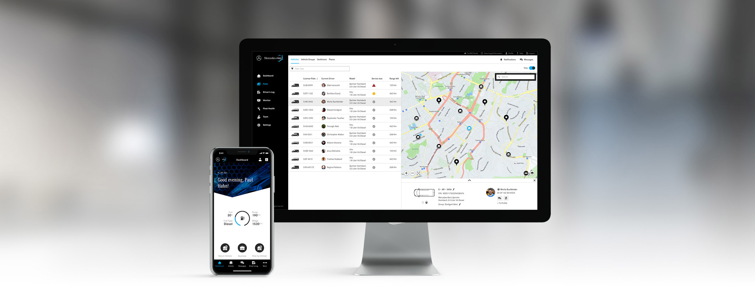 Die Smartphone Mercedes PRO Connect App zeigt das Dashboard, der Computer zeigt das Fleet Management Tool