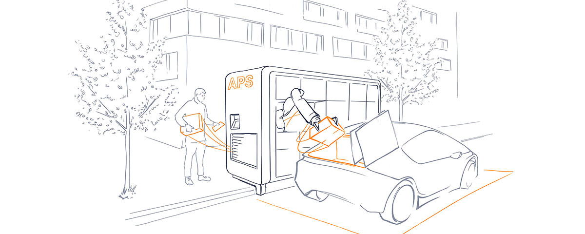Zeichnung des Kofferraums eines autonomen Fahrzeugs, in welchem durch einen Roboterarm ein Paket eingelegt wird.