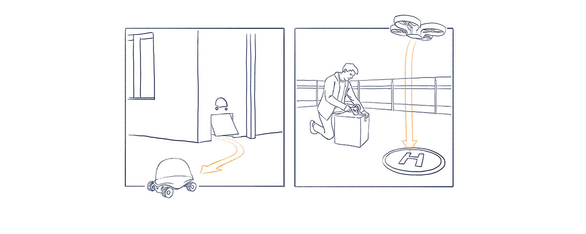 Drawing of a drone and a small motor vehicle delivering packages
