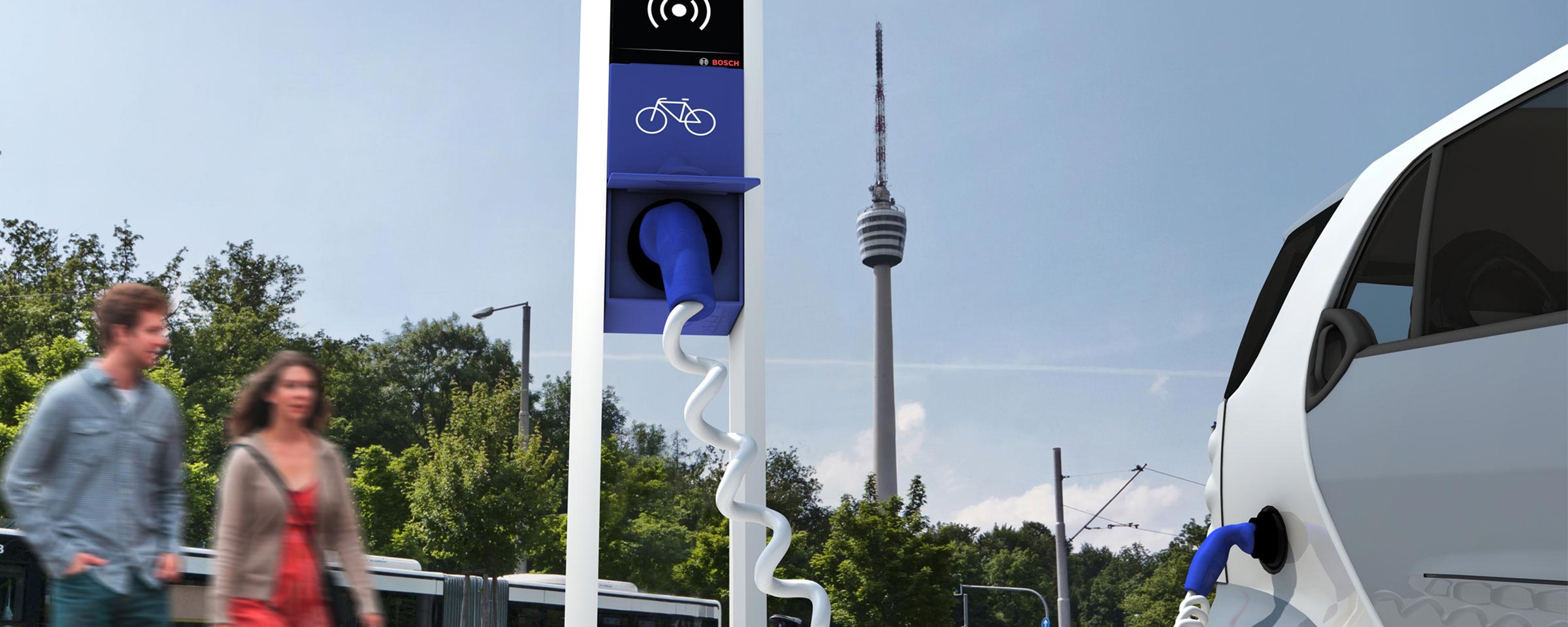 blaue Bosch-Ladesäule lädt ein angeschlossenes Elektroauto über ein Stromkabel