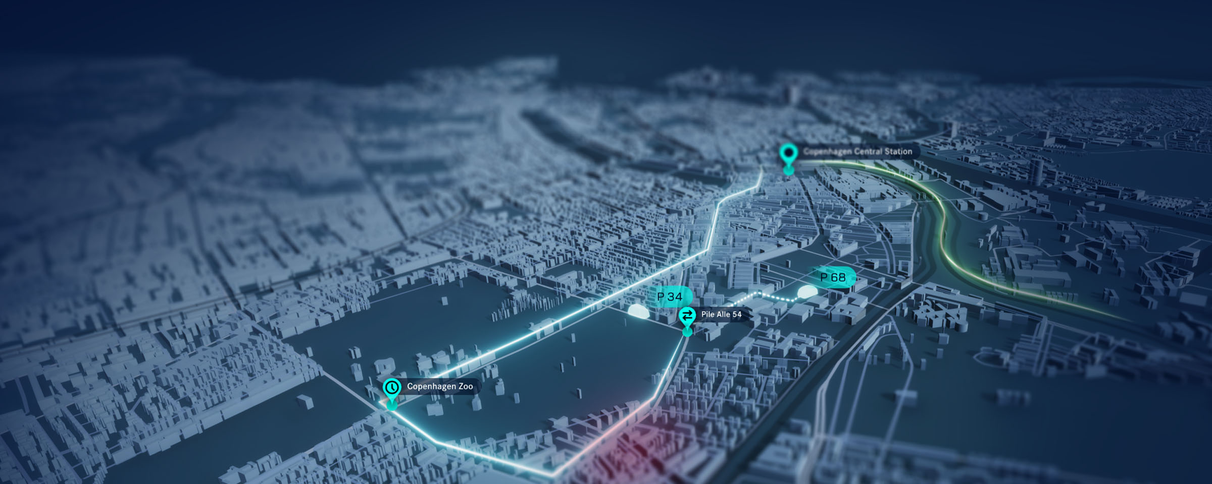 Blaue 3D Stadtkarte mit Routen und Zielpunkten