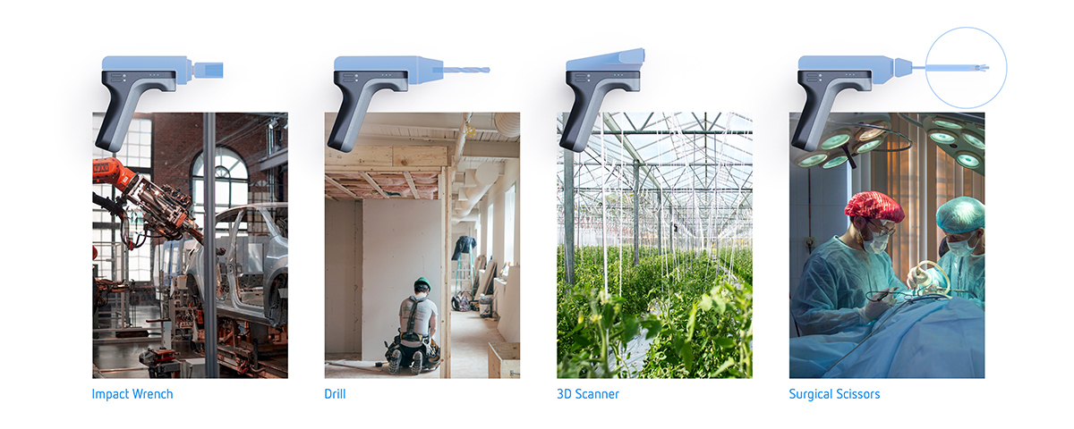 Use cases of a haptic handle. Drills, 3D scanners, surgical scissors, impact wrenches.